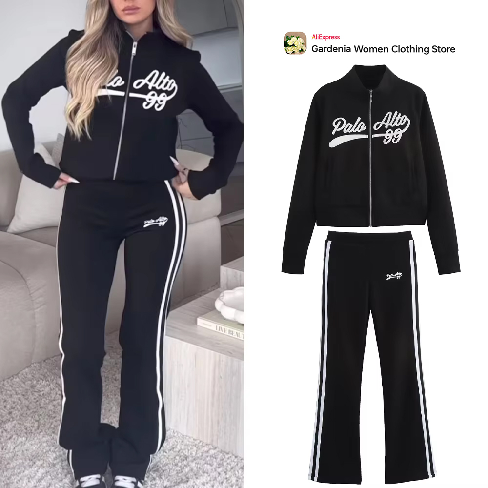 Winter Clothing For Sale - Casual zwarte Varsity-sportset voor dames, geborduurd